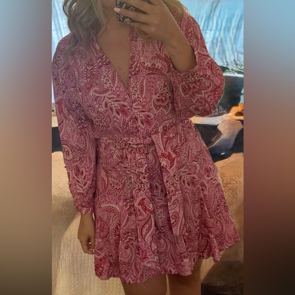 Zara Pink Paisley Long Sleeve Belted Mini Dress - Picture 2 of 6
